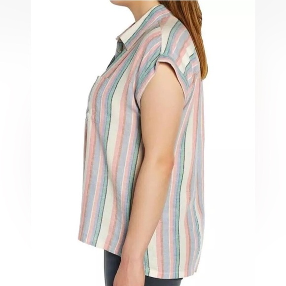 Women's Orvis Ladies Short Sleeve Button Up Linen Blend Shirt Top Stripe S - Picture 2 of 15